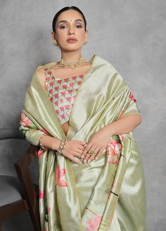 Pista Green Dupion Silk Saree With Blouse Piece