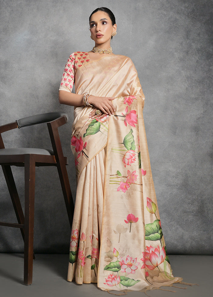 Beige Dupion Silk Saree With Blouse Piece