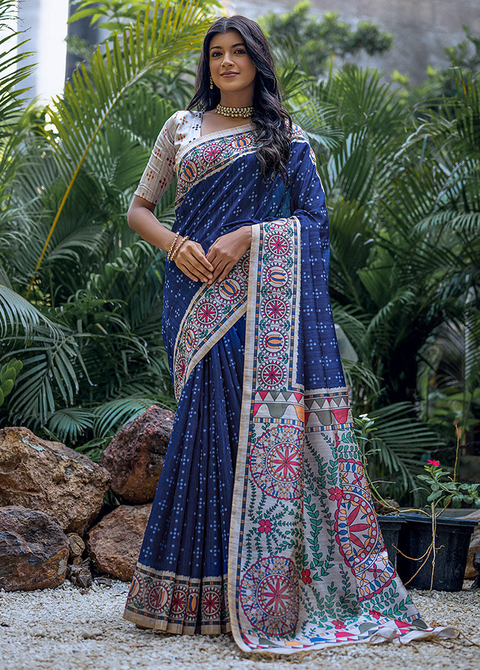 Blue Dupion Silk Saree With Blouse Piece