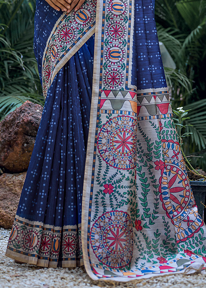 Blue Dupion Silk Saree With Blouse Piece