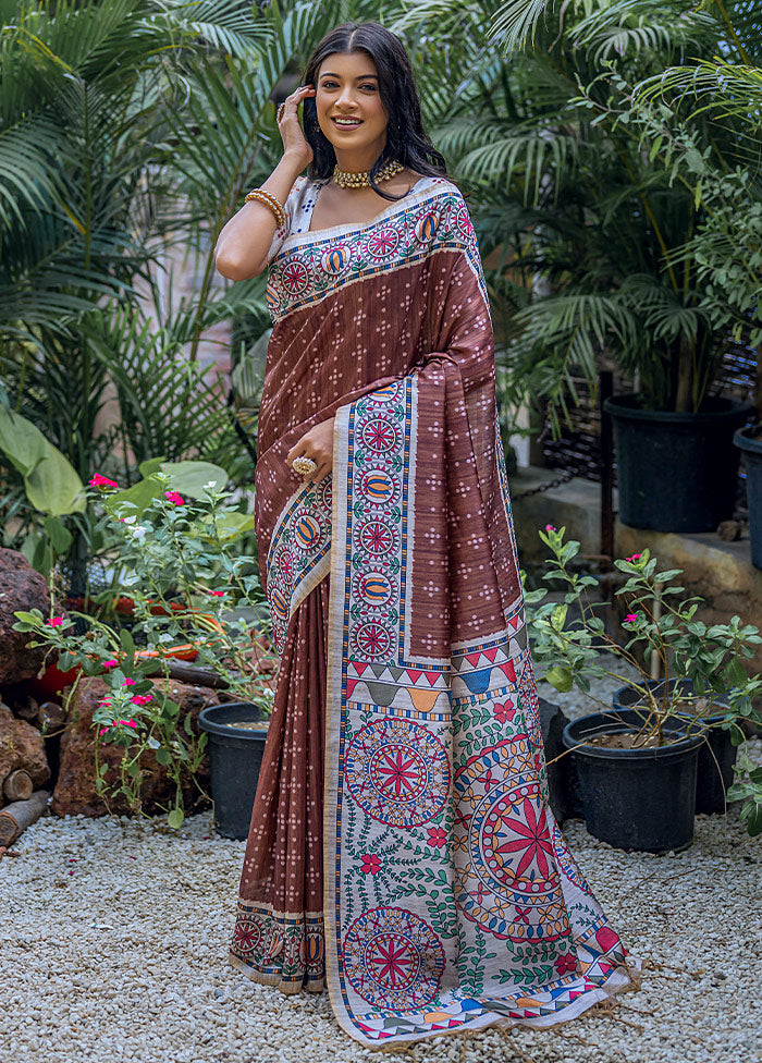 Coffee Dupion Silk Saree With Blouse Piece