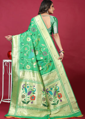 Sea Green Spun Silk Saree With Blouse Piece