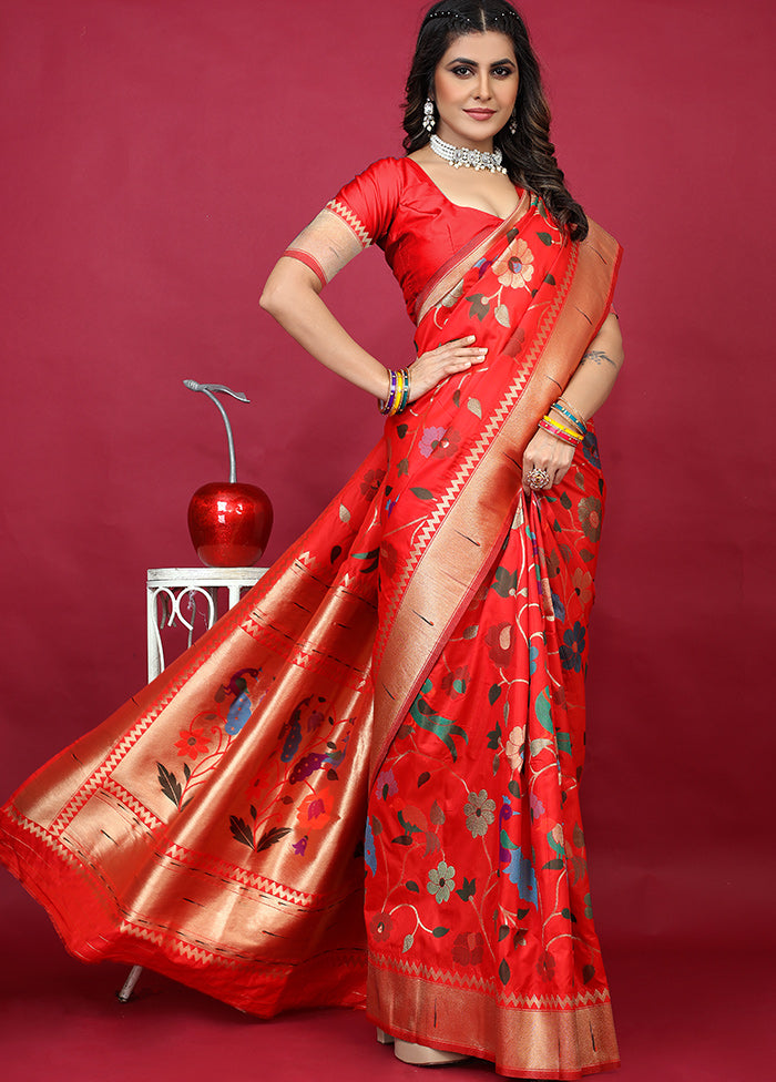 Red Spun Silk Saree With Blouse Piece