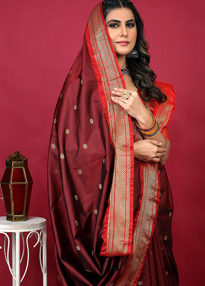Maroon Spun Silk Saree With Blouse Piece