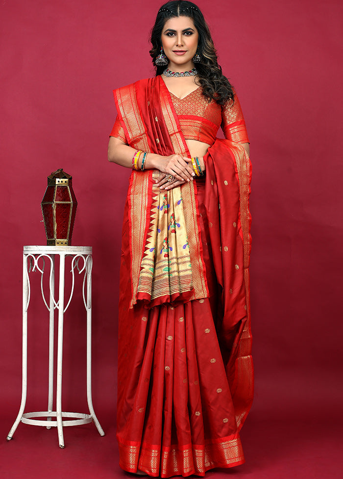 Red Spun Silk Saree With Blouse Piece