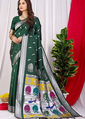 Bottle Green Spun Silk Saree With Blouse Piece