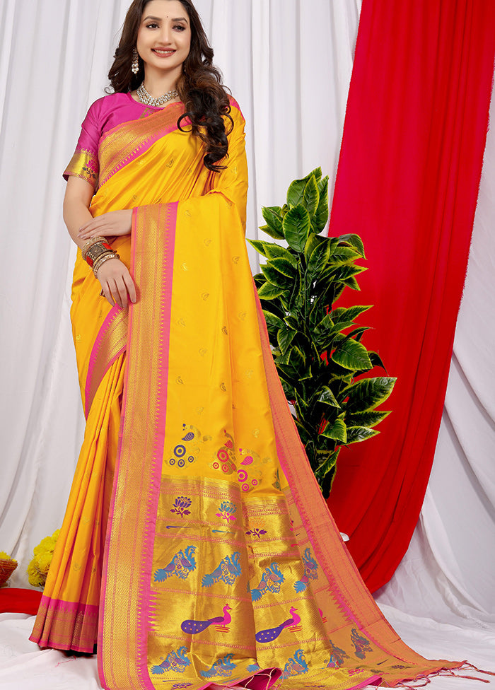 Yellow Spun Silk Saree With Blouse Piece