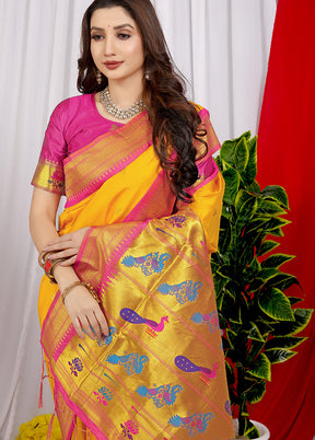 Yellow Spun Silk Saree With Blouse Piece