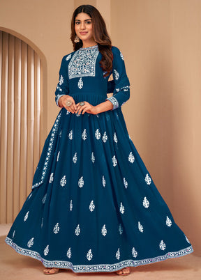 3 Pc Turquoise Unstitched Georgett Suit Set With Dupatta