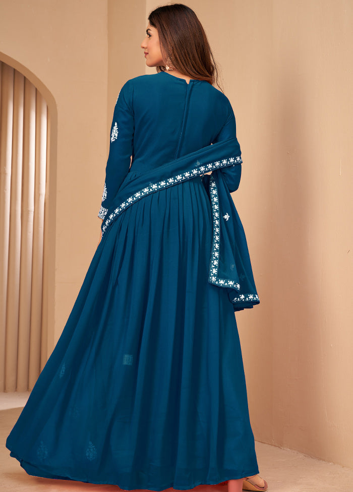 3 Pc Turquoise Unstitched Georgett Suit Set With Dupatta