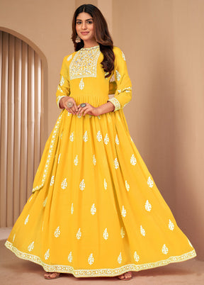 3 Pc Yellow Unstitched Georgett Suit Set With Dupatta