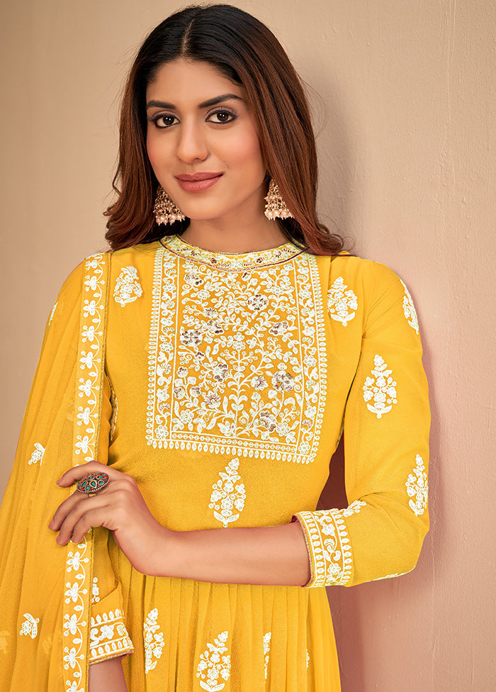 3 Pc Yellow Unstitched Georgett Suit Set With Dupatta