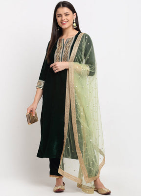 Green 3 Pc Velvet Suit Set With Dupatta