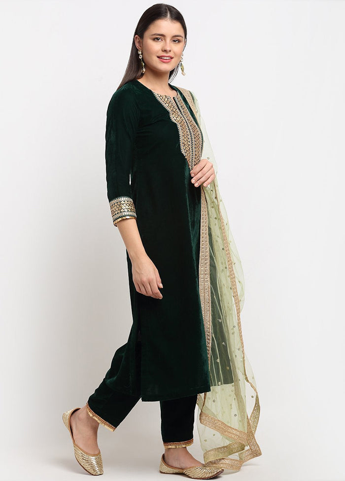 Green 3 Pc Velvet Suit Set With Dupatta