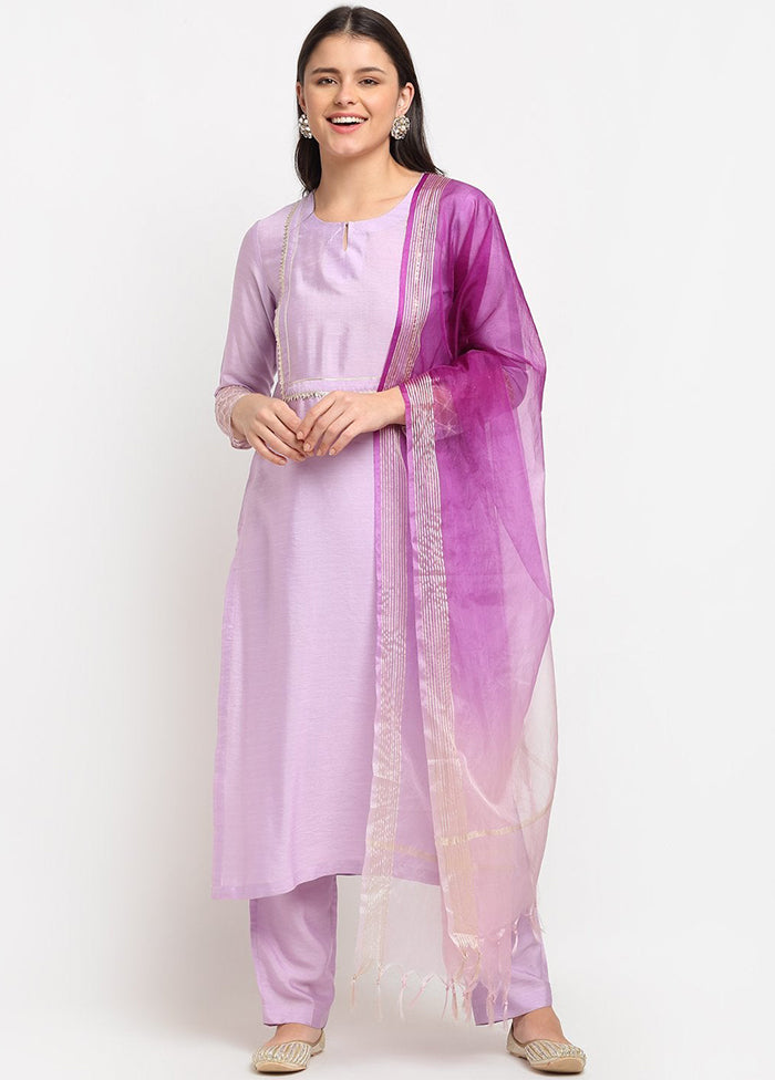 Purple 3 Pc Cotton Suit Set With Dupatta