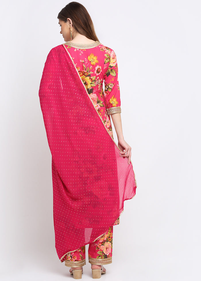 Pink 3 Pc Cotton Suit Set With Dupatta