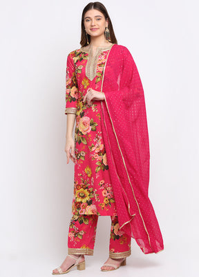 Pink 3 Pc Cotton Suit Set With Dupatta