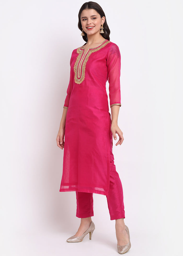 2 Pc Pink Straight Readymade Silk Kurti Set