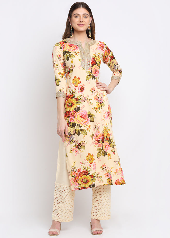 2 Pc Beige Straight Cotton Kurti Set