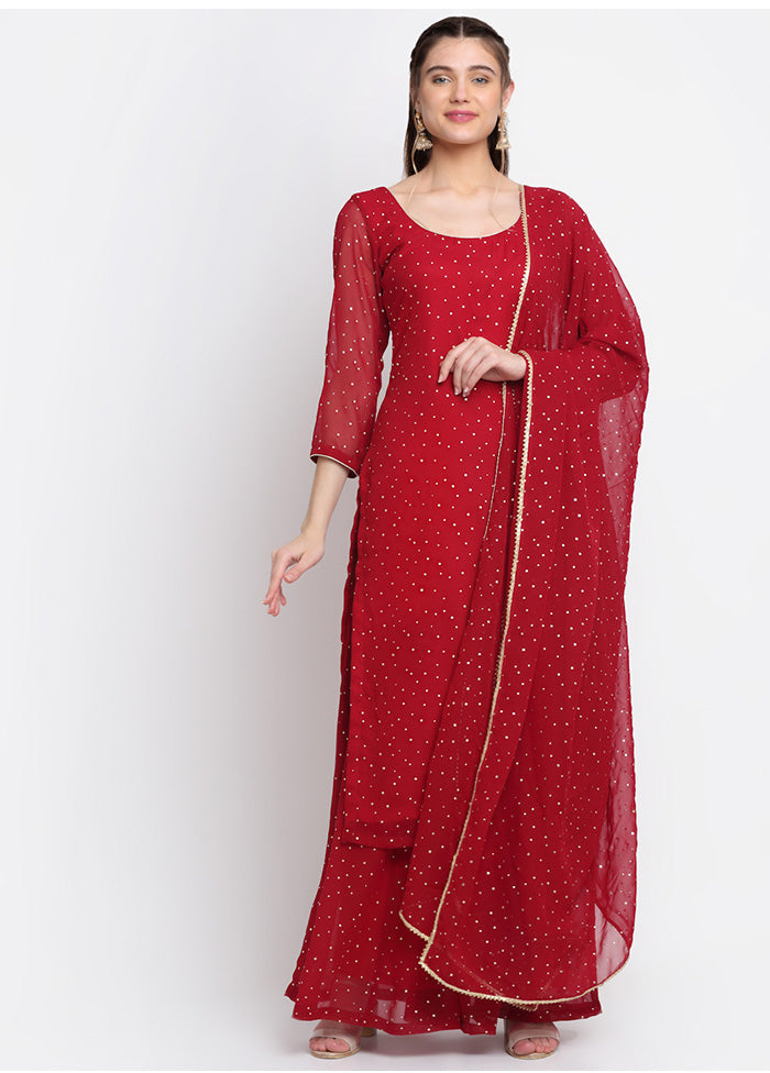 3 Pc Red Readymade Suit Set With Dupatta