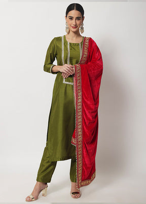 3 Pc Olive green Suit Set With Dupatta