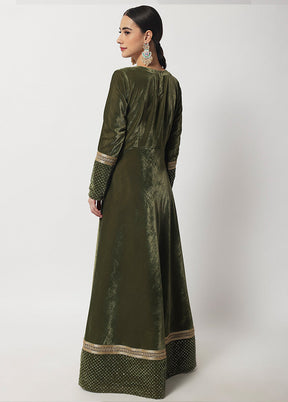 2 Pc Olive Green Readymade Velvet Gown