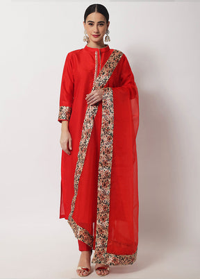 3 Pc Red Readymade Suit Set With Dupatta