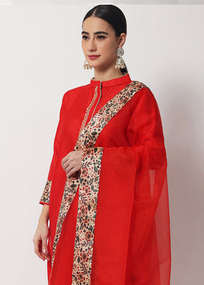 3 Pc Red Readymade Suit Set With Dupatta