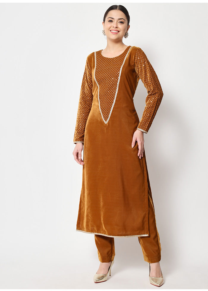 2 Pc Mustard Readymade Velvet Kurti Set