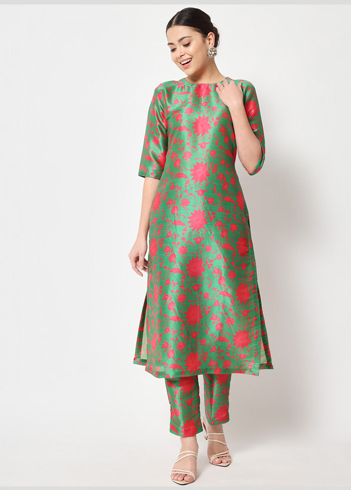 2 Pc Green Readymade Silk Kurti Set