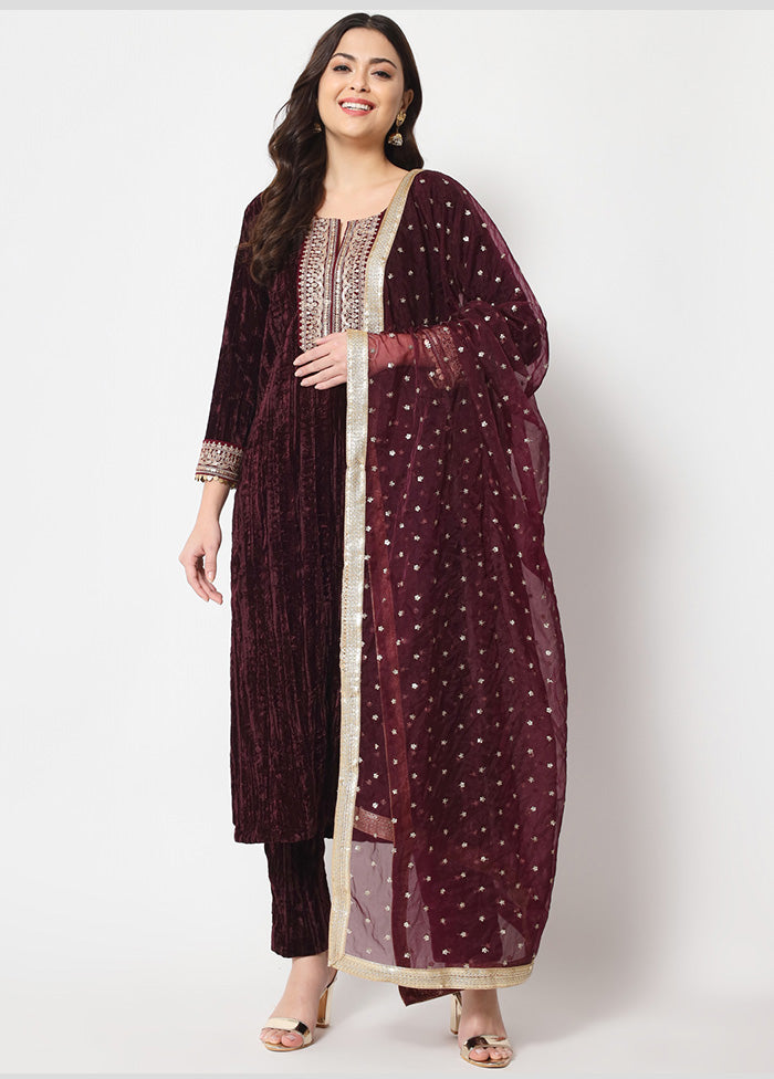 3 Pc Wine Suit Set With Dupatta