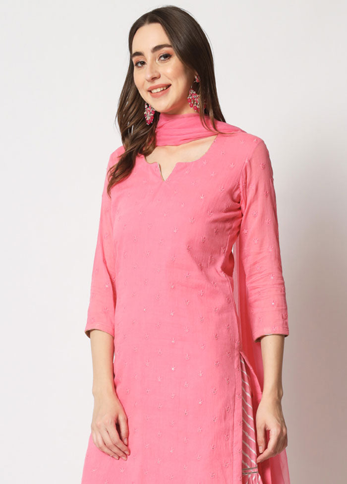 3 Pc Pink Embroidered Cotton Suit Set