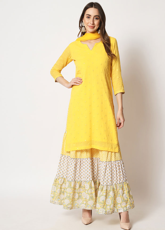 3 Pc Yellow Embroidered Cotton Suit Set