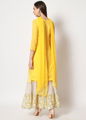 3 Pc Yellow Embroidered Cotton Suit Set