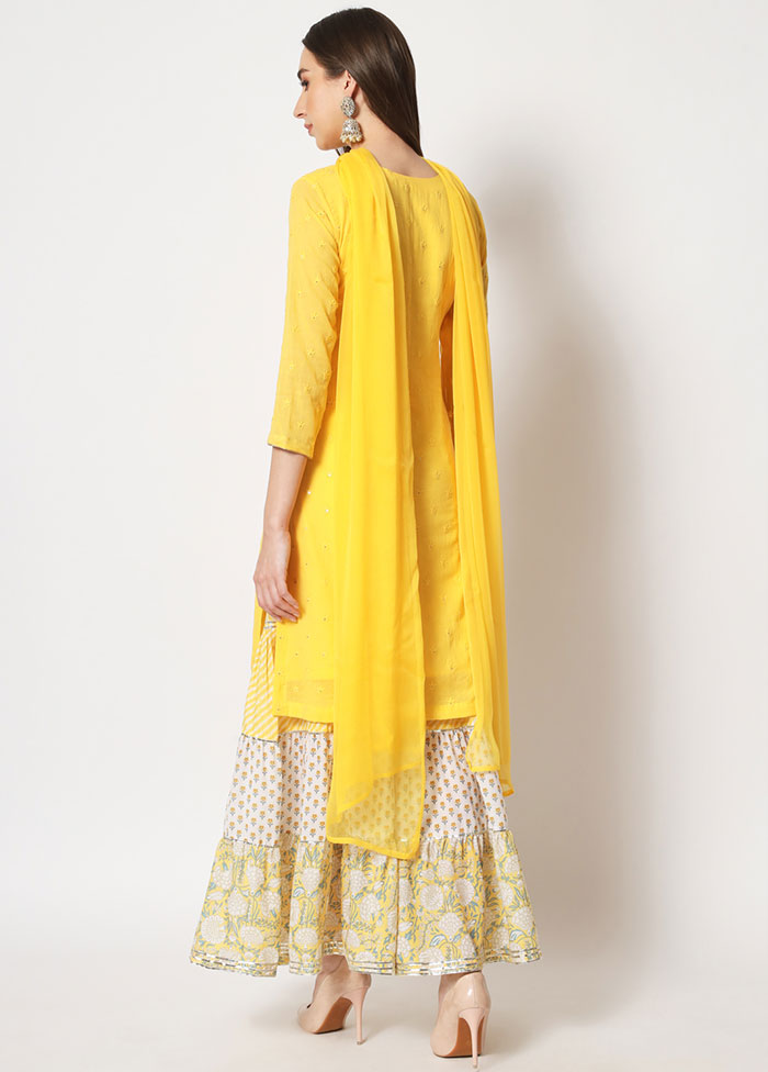 3 Pc Yellow Embroidered Cotton Suit Set