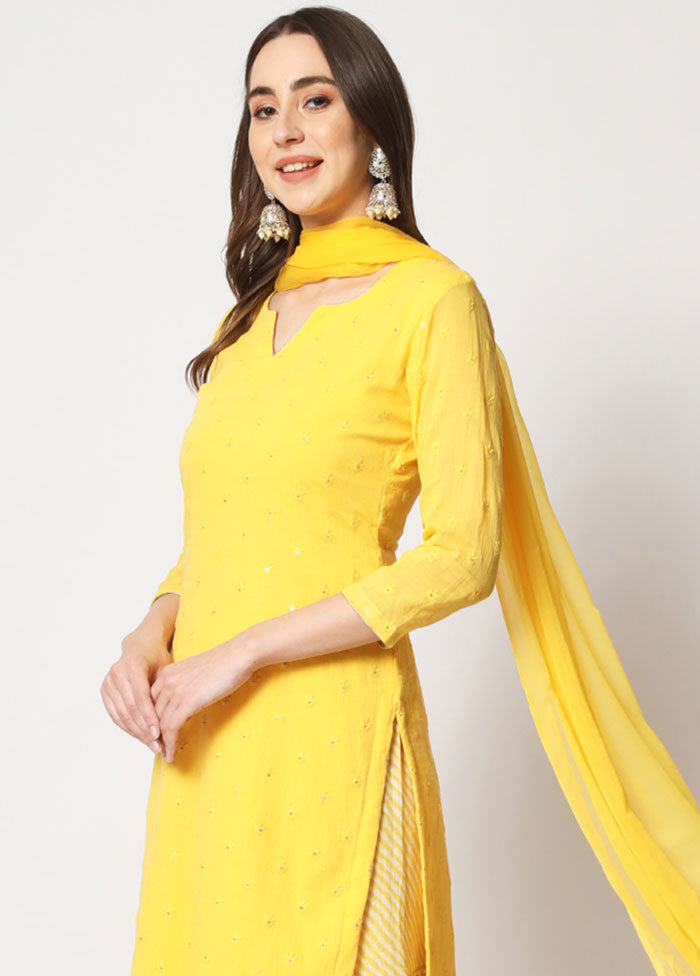 3 Pc Yellow Embroidered Cotton Suit Set