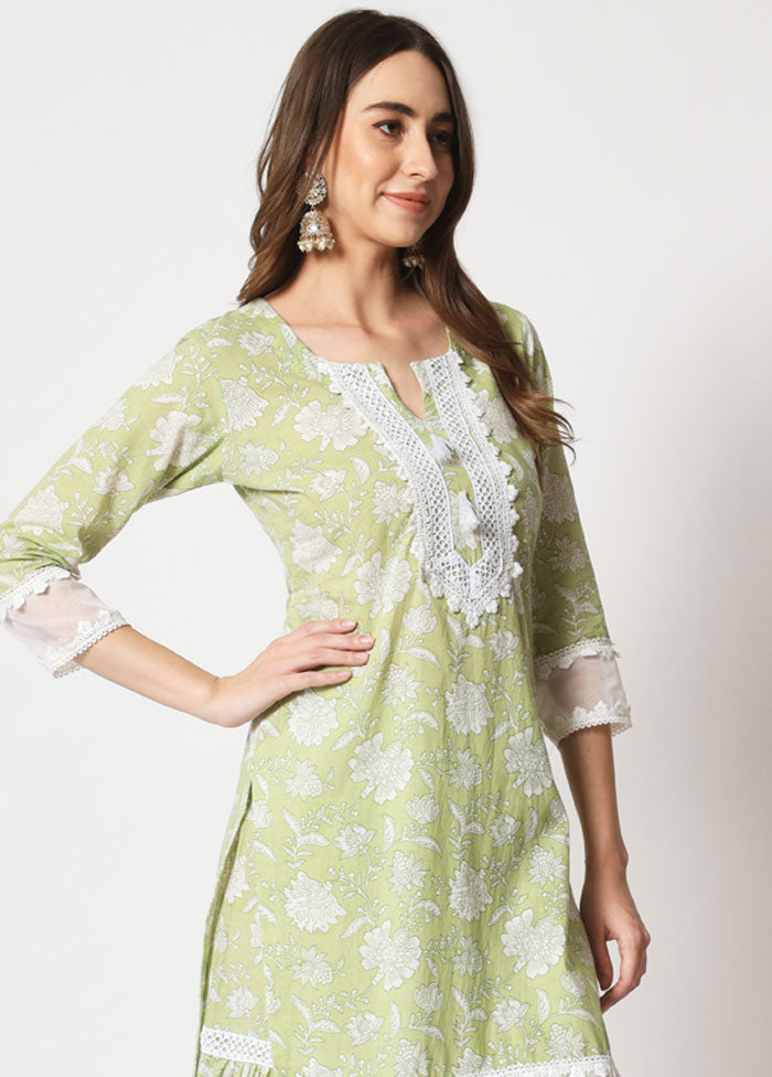 2 Pc Green Embroidered Cotton Kurti Set