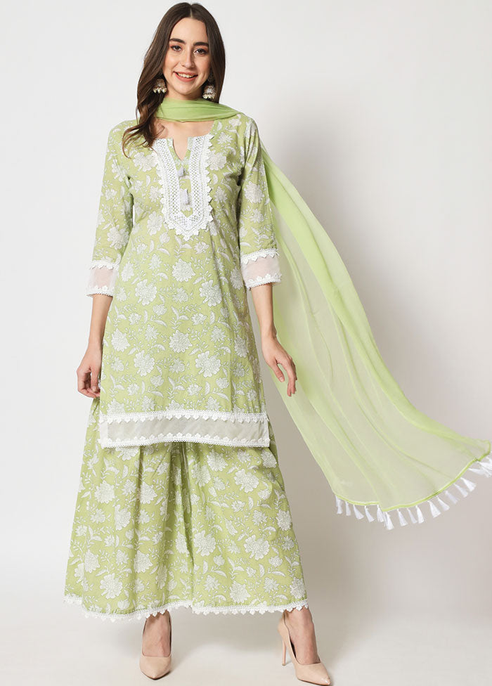 3 Pc Green Embroidered Cotton Suit Set