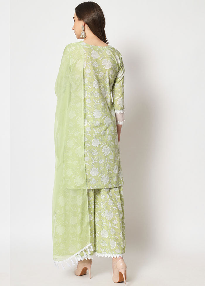 3 Pc Green Embroidered Cotton Suit Set