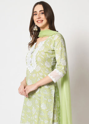 3 Pc Green Embroidered Cotton Suit Set