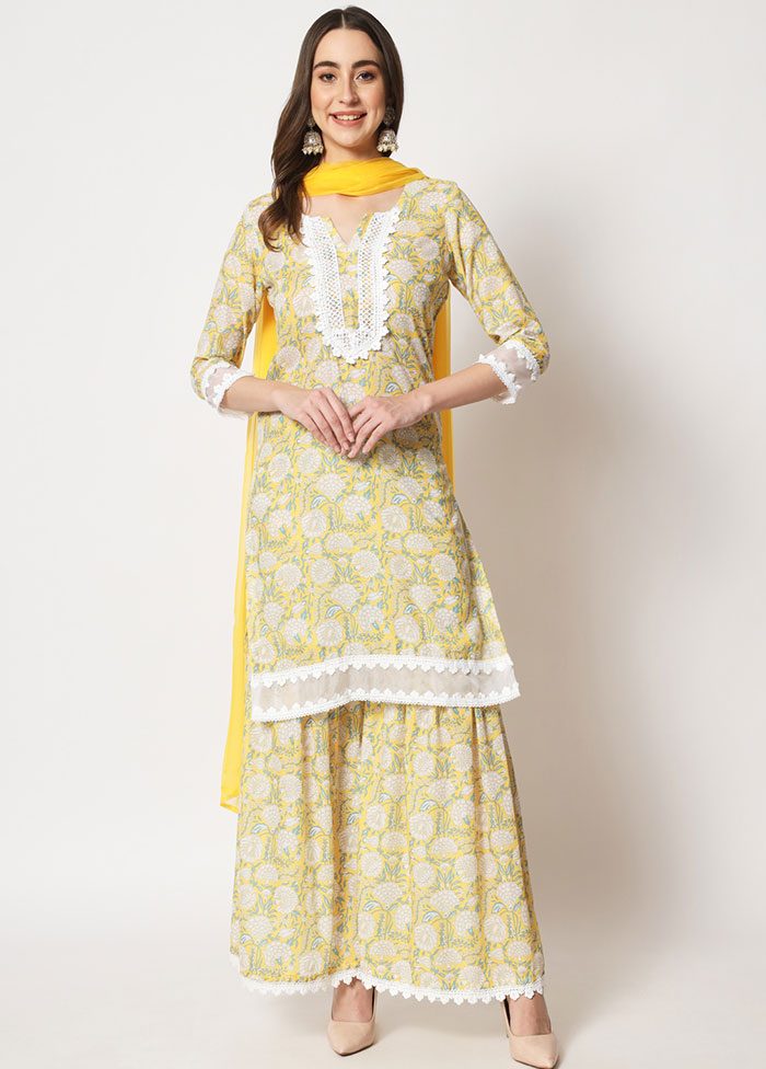 3 Pc Yellow Embroidered Cotton Suit Set