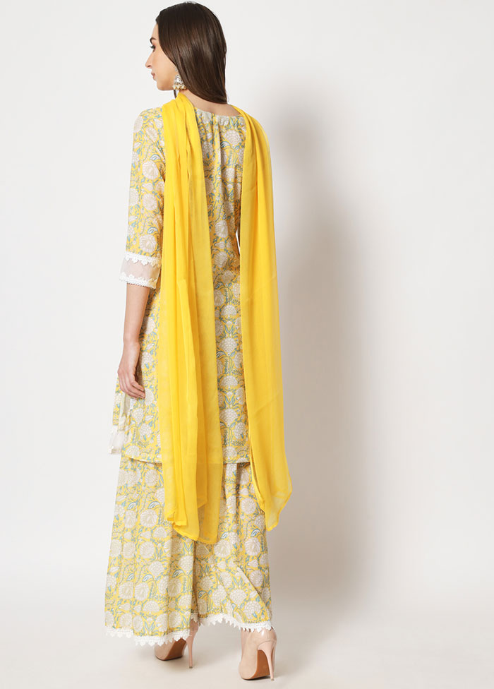 3 Pc Yellow Embroidered Cotton Suit Set