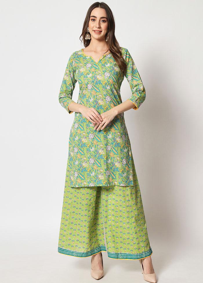 2 Pc Green Readymade Cotton Kurti Set