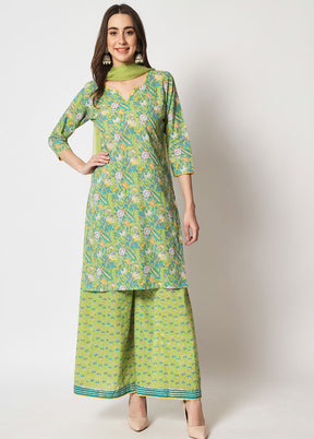 3 Pc Green Readymade Printed Cotton Suit Set