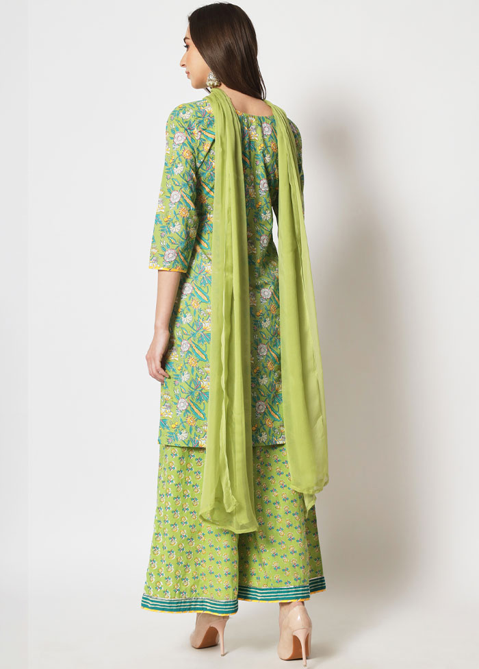 3 Pc Green Readymade Printed Cotton Suit Set