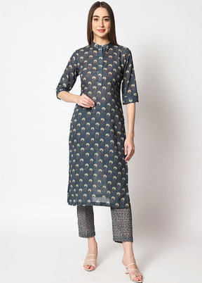 2 Pc Dark Blue Readymade Cotton Kurti Set