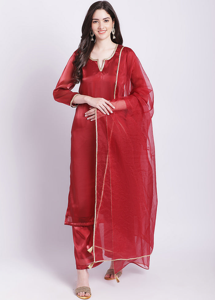 3 Pc Maroon Readymade Net Suit Set