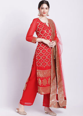 3 Pc Red Readymade Georgette Suit Set