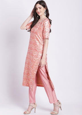 2 Pc Peach Readymade Silk Kurti Set