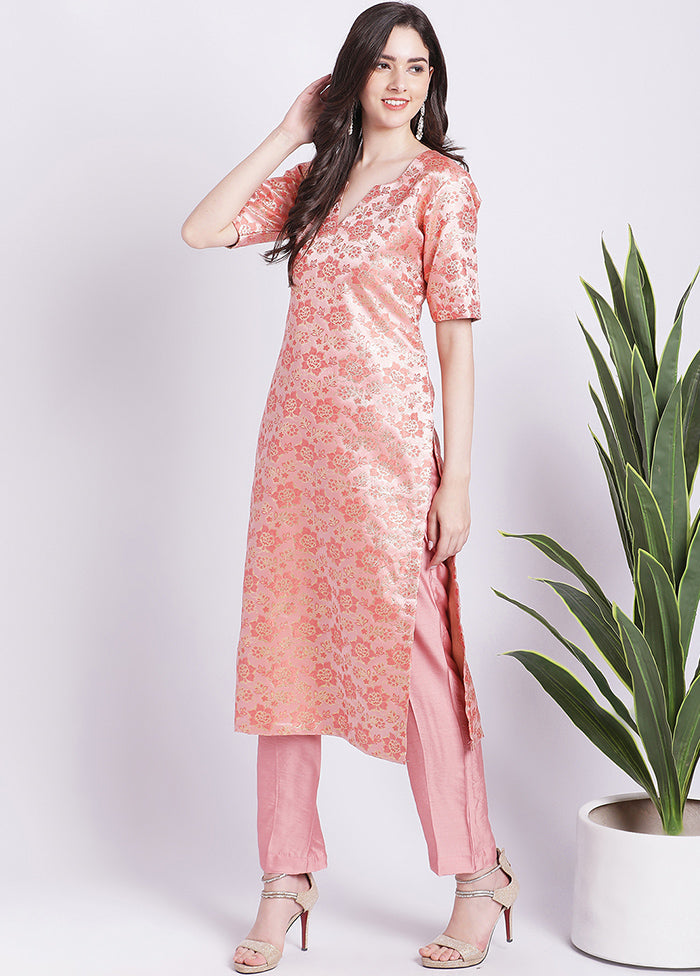 2 Pc Peach Readymade Silk Kurti Set